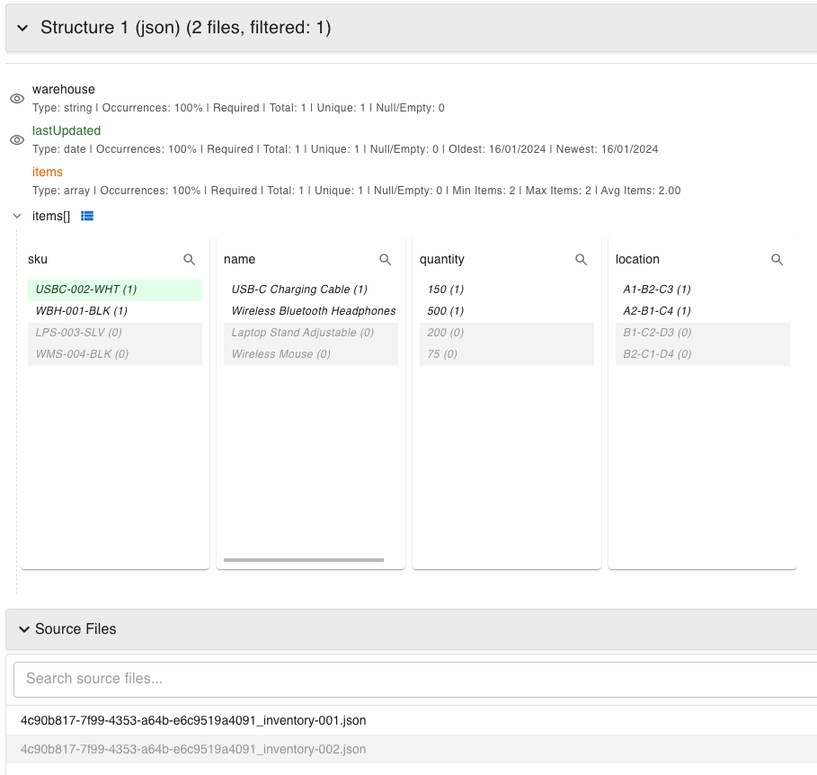 Data Analysis Module interface showing intelligent structure discovery and interactive filtering capabilities
